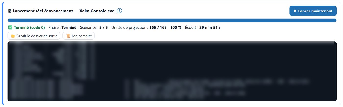 Panneau de lancement de Xalm.Web : run terminé, 5 scénarios, 165 unités de projection